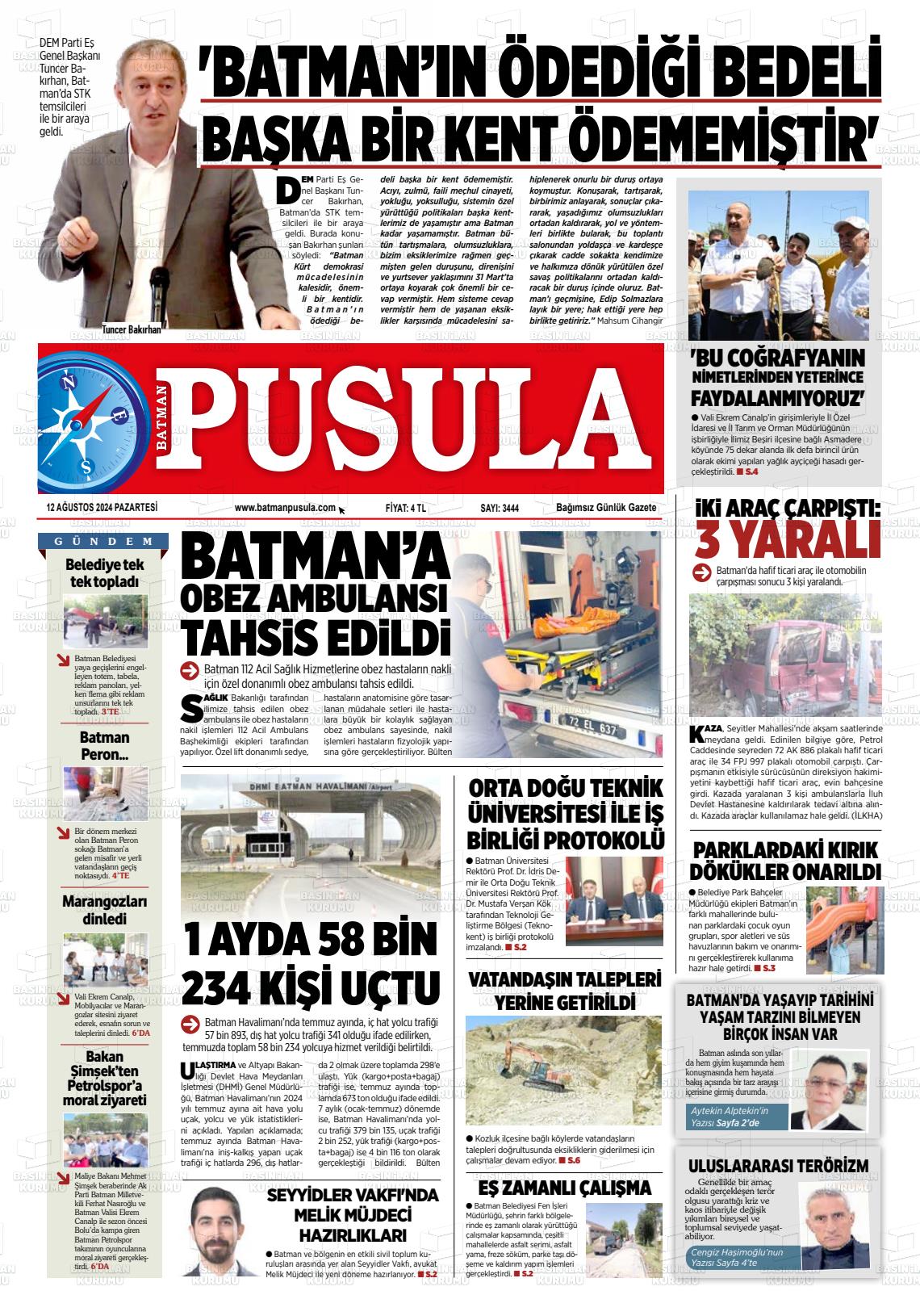 12 Ağustos 2024 Batman Pusula Gazete Manşeti