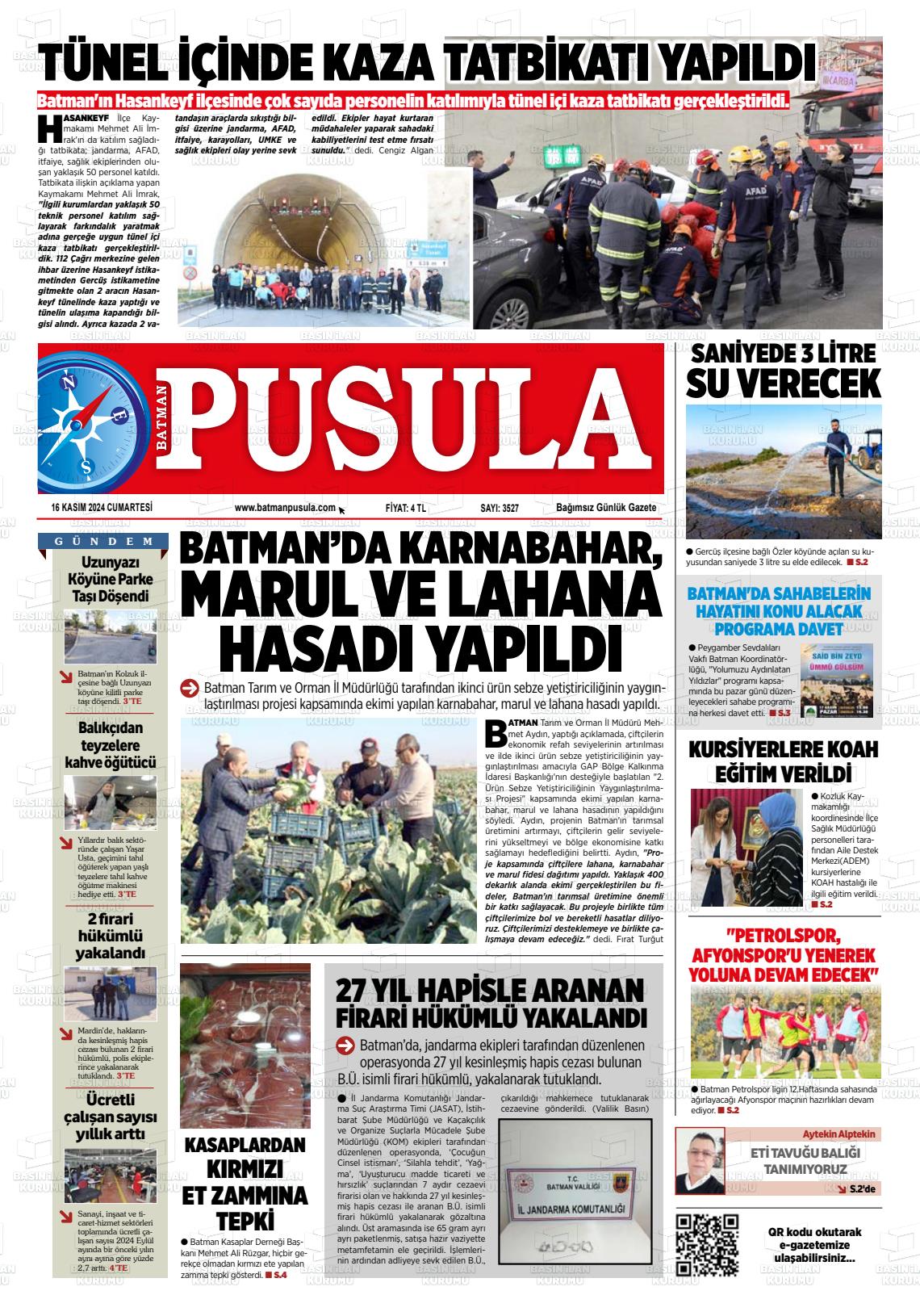 16 Kasım 2024 Batman Pusula Gazete Manşeti