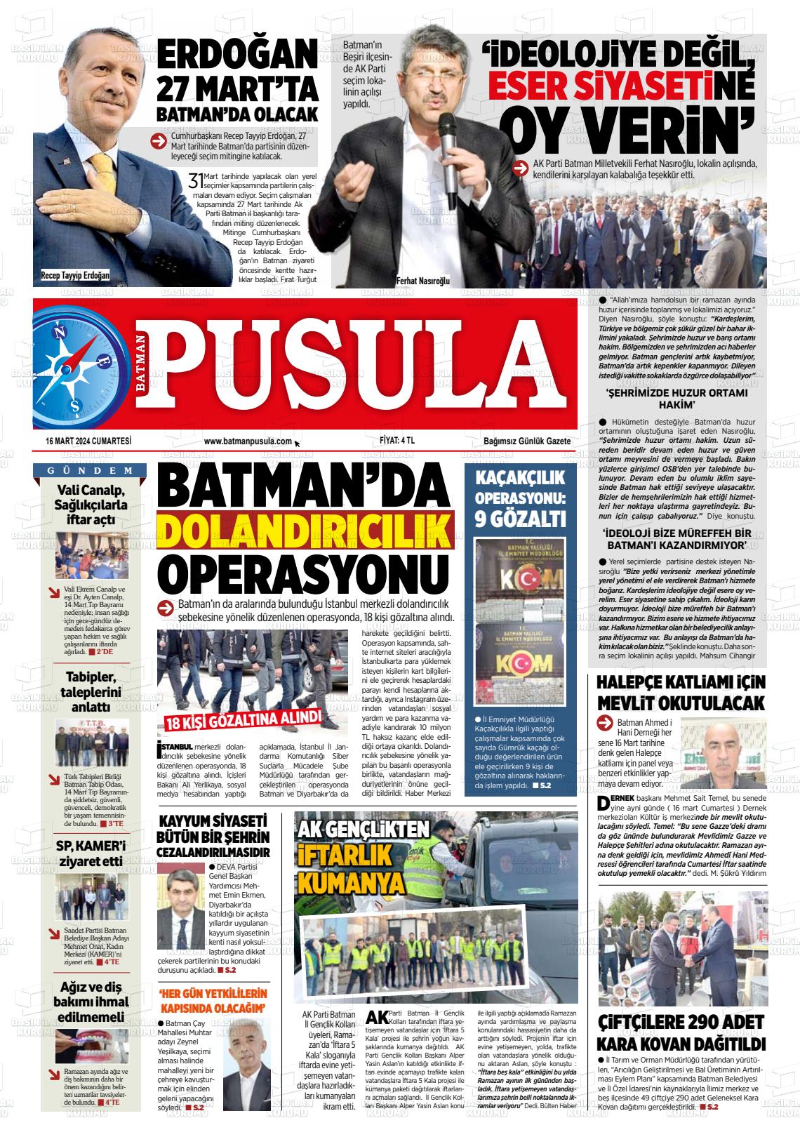 16 Mart 2024 Batman Pusula Gazete Manşeti