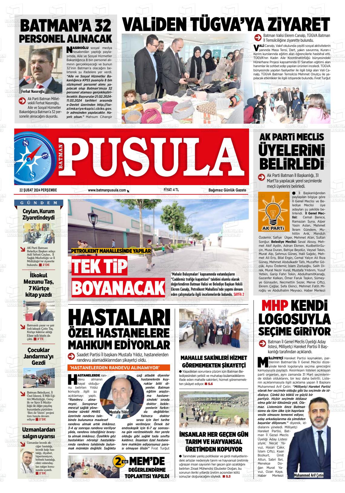 22 Şubat 2024 Batman Pusula Gazete Manşeti