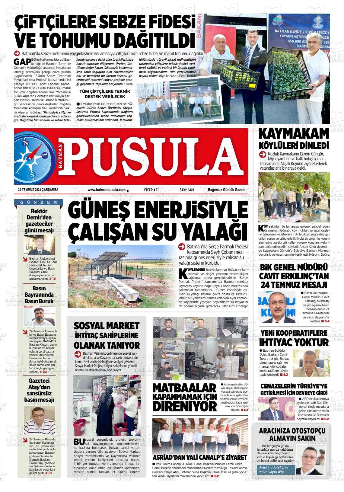 24 Temmuz 2024 Batman Pusula Gazete Manşeti