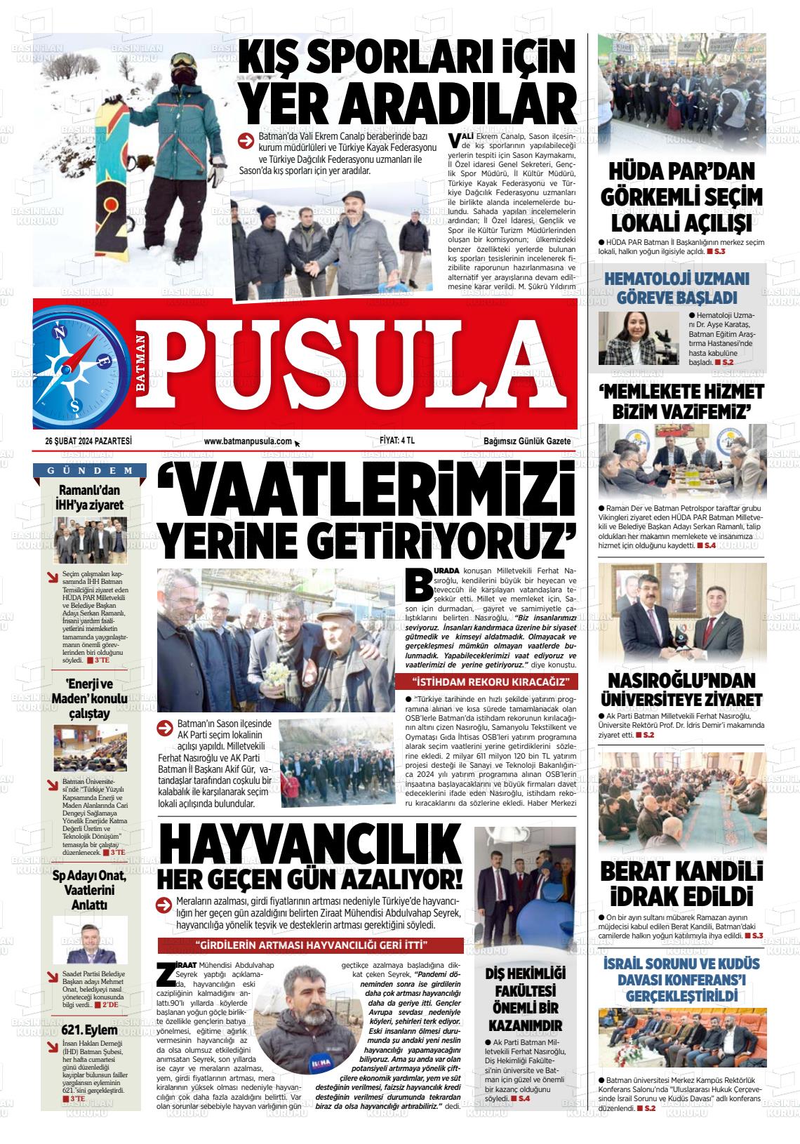 26 Şubat 2024 Batman Pusula Gazete Manşeti