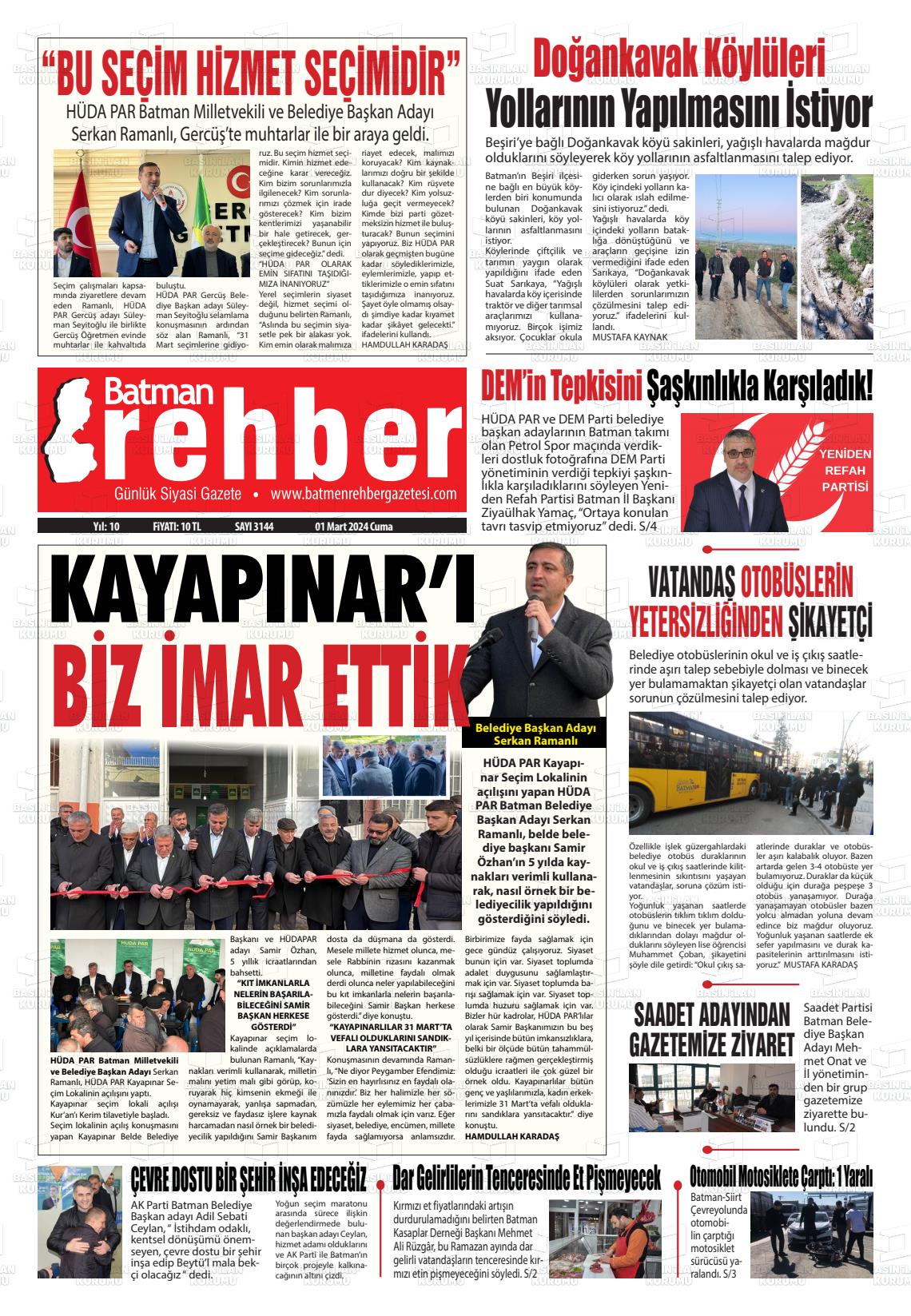 01 Mart 2024 Batman Rehber Gazete Manşeti