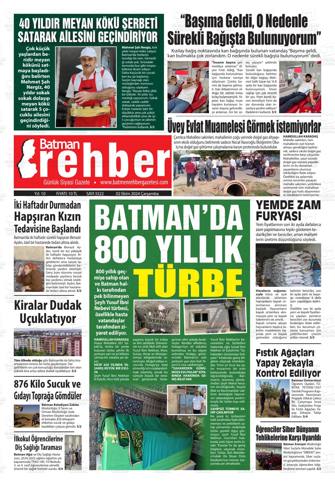 02 Ekim 2024 Batman Rehber Gazete Manşeti