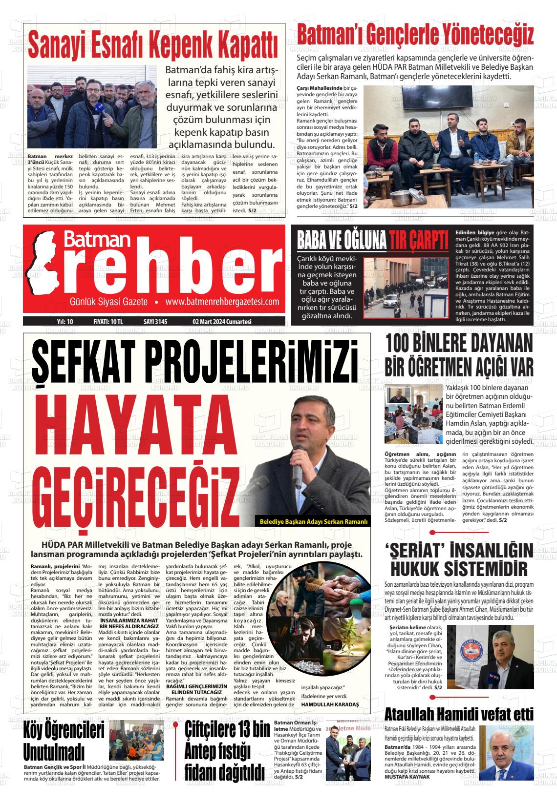 02 Mart 2024 Batman Rehber Gazete Manşeti