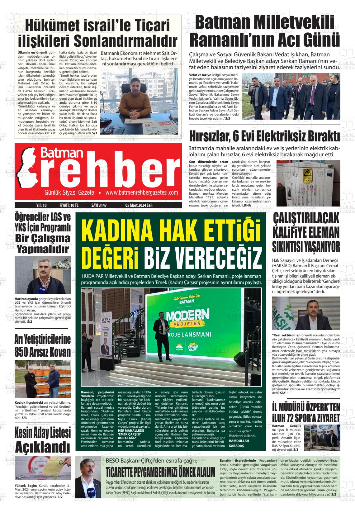 07 Mart 2024 Batman Rehber Gazete Manşeti