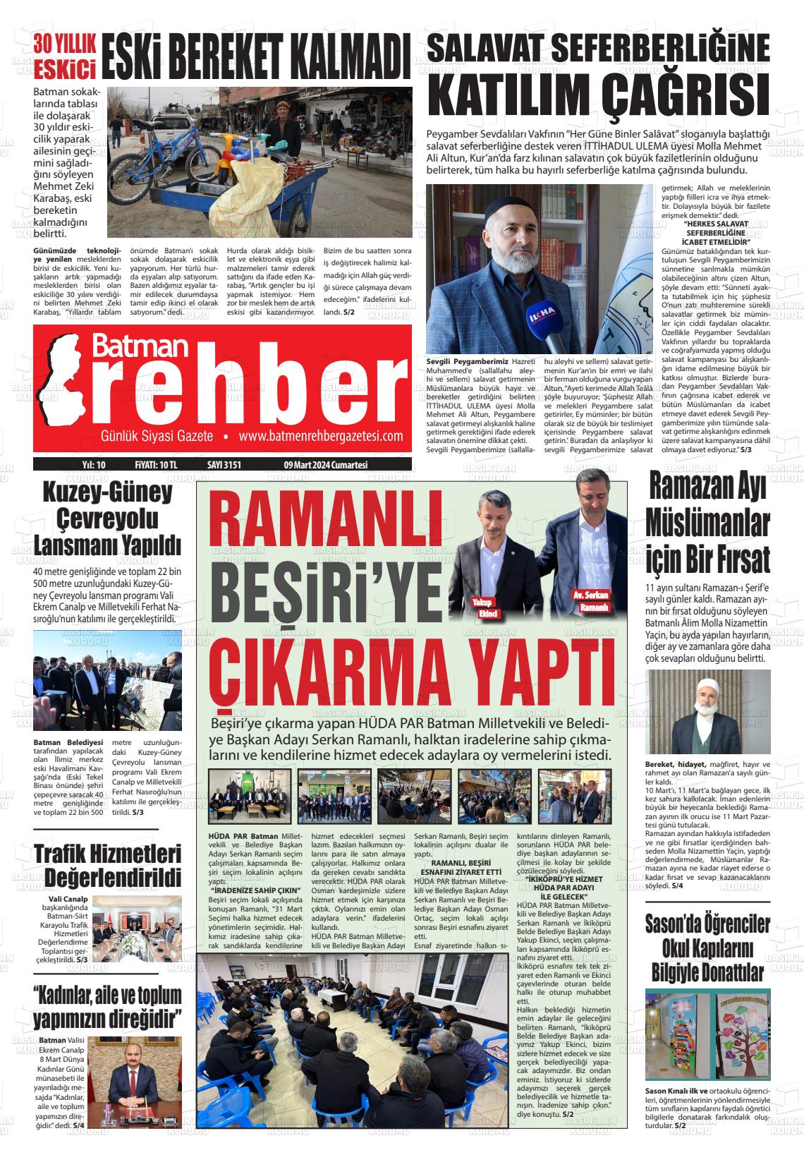 09 Mart 2024 Batman Rehber Gazete Manşeti