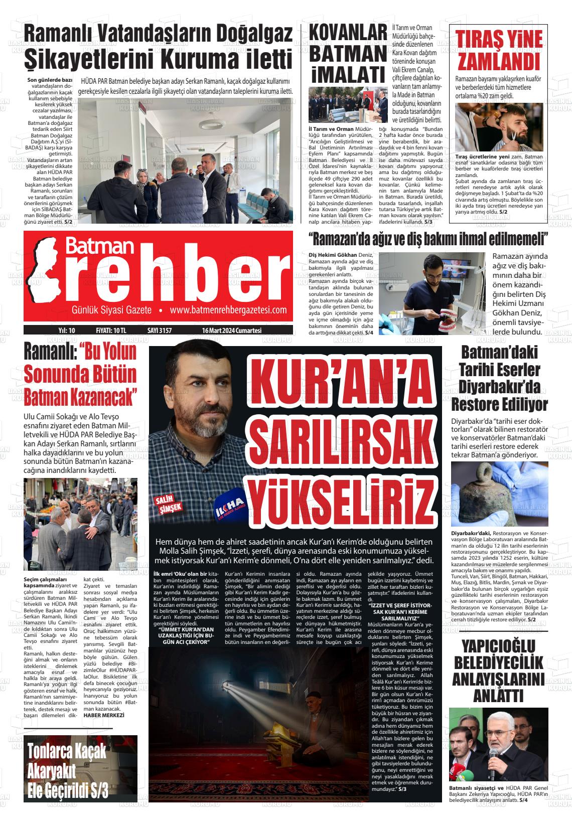 16 Mart 2024 Batman Rehber Gazete Manşeti