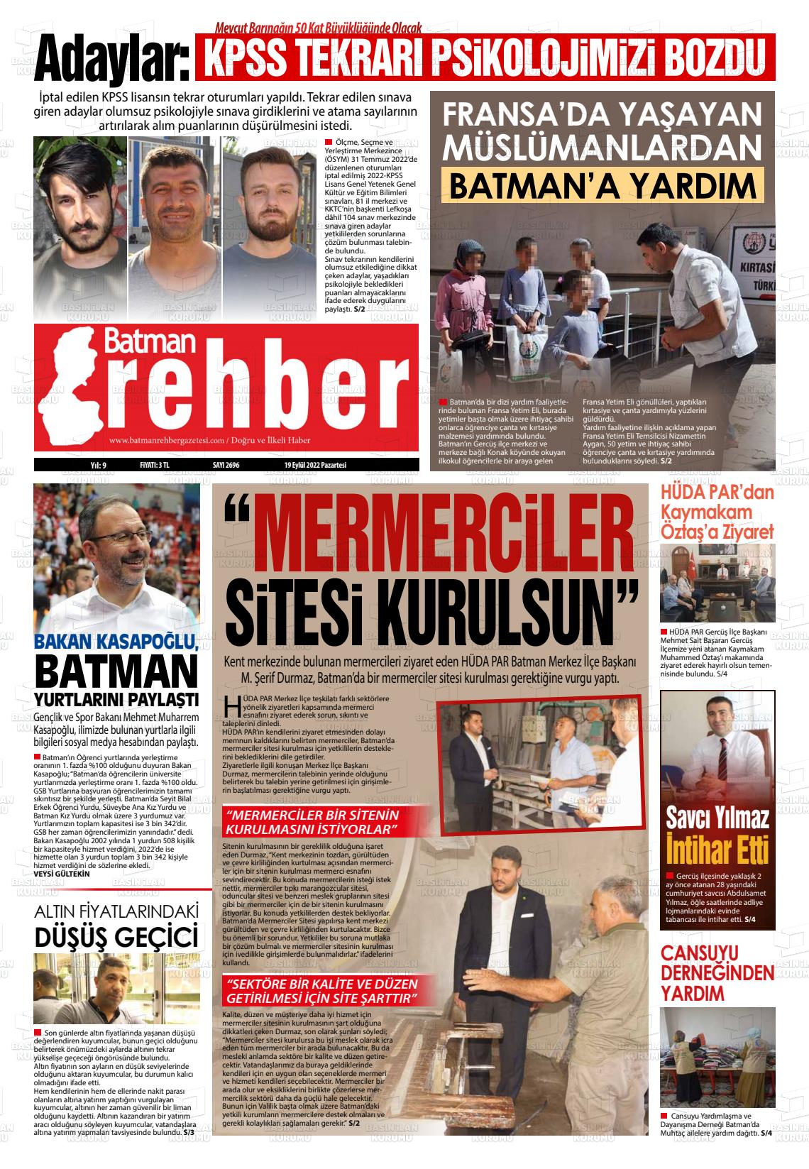 19 Eylül 2022 Batman Rehber Gazete Manşeti