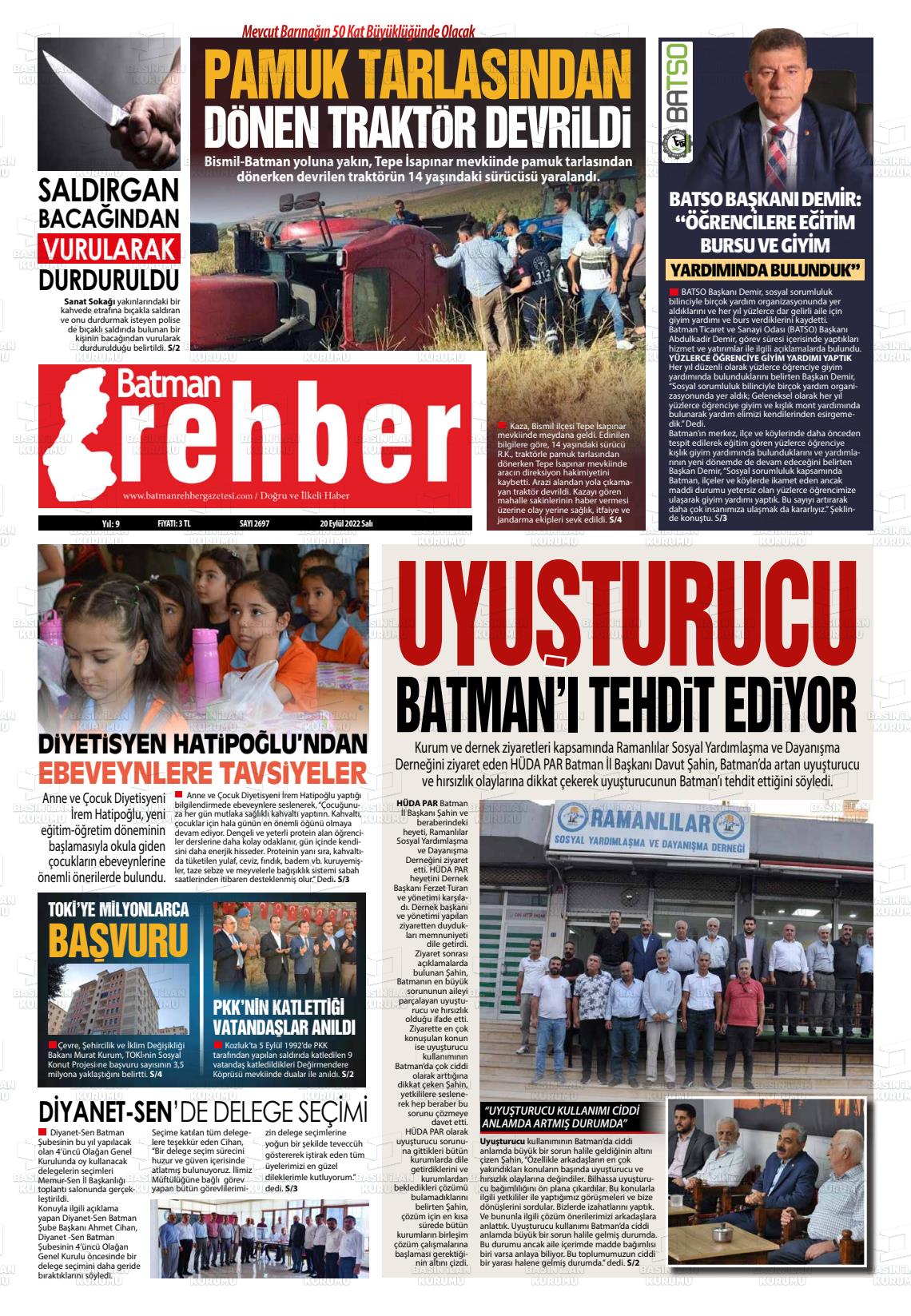 20 Eylül 2022 Batman Rehber Gazete Manşeti