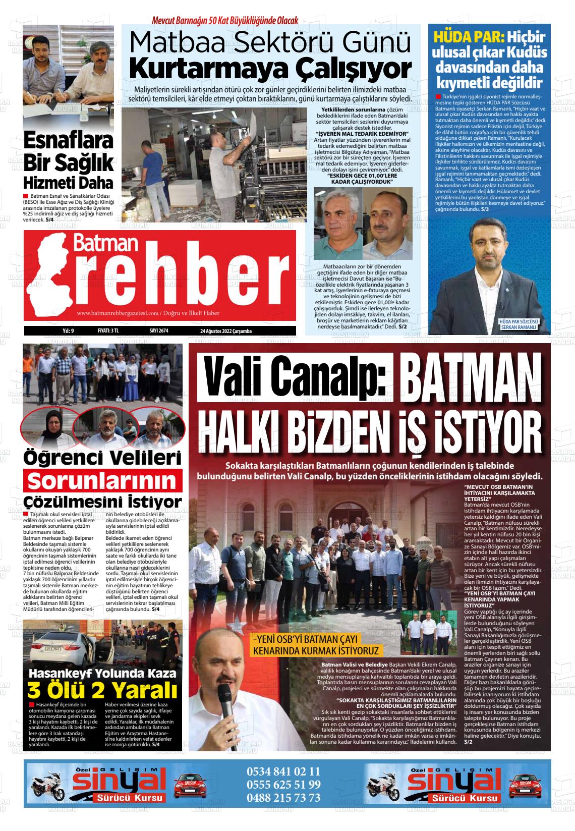 24 Ağustos 2022 Batman Rehber Gazete Manşeti