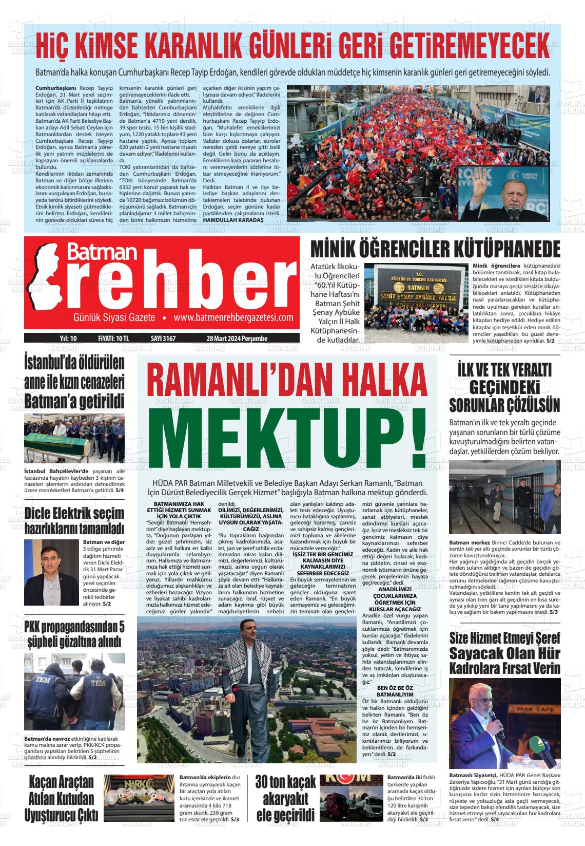 28 Mart 2024 Batman Rehber Gazete Manşeti