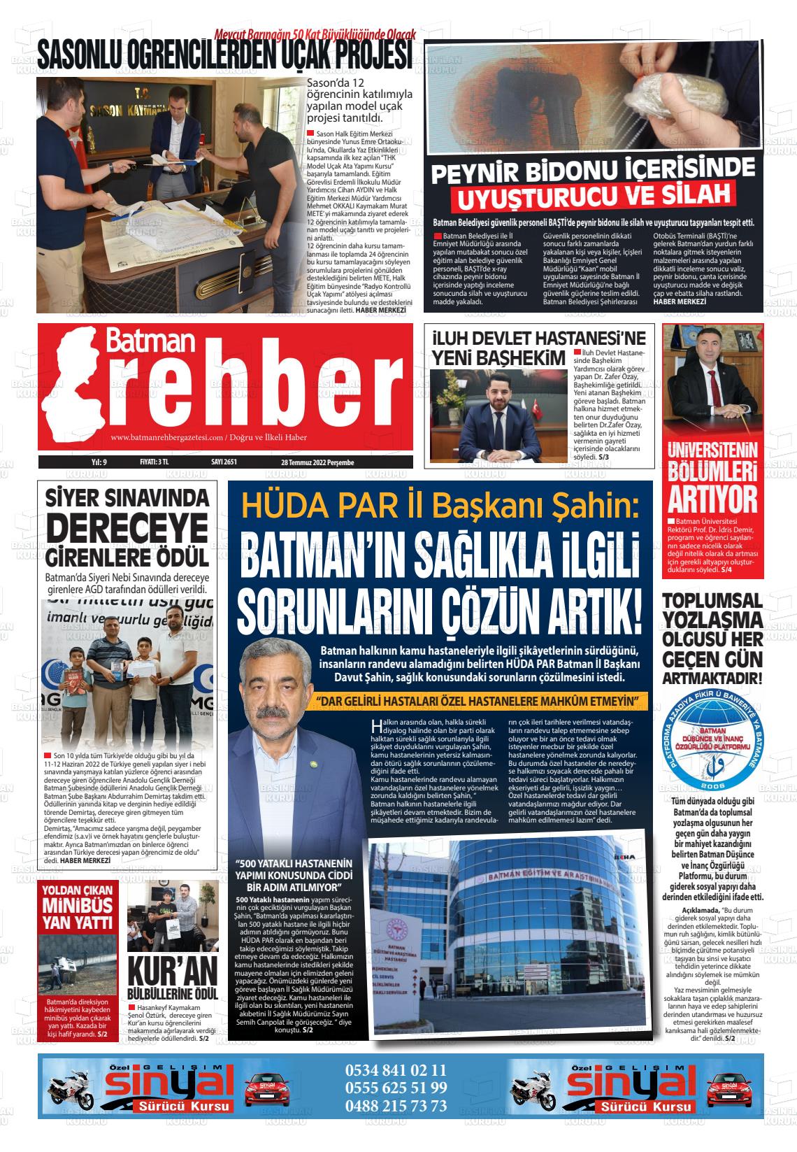 28 Temmuz 2022 Batman Rehber Gazete Manşeti