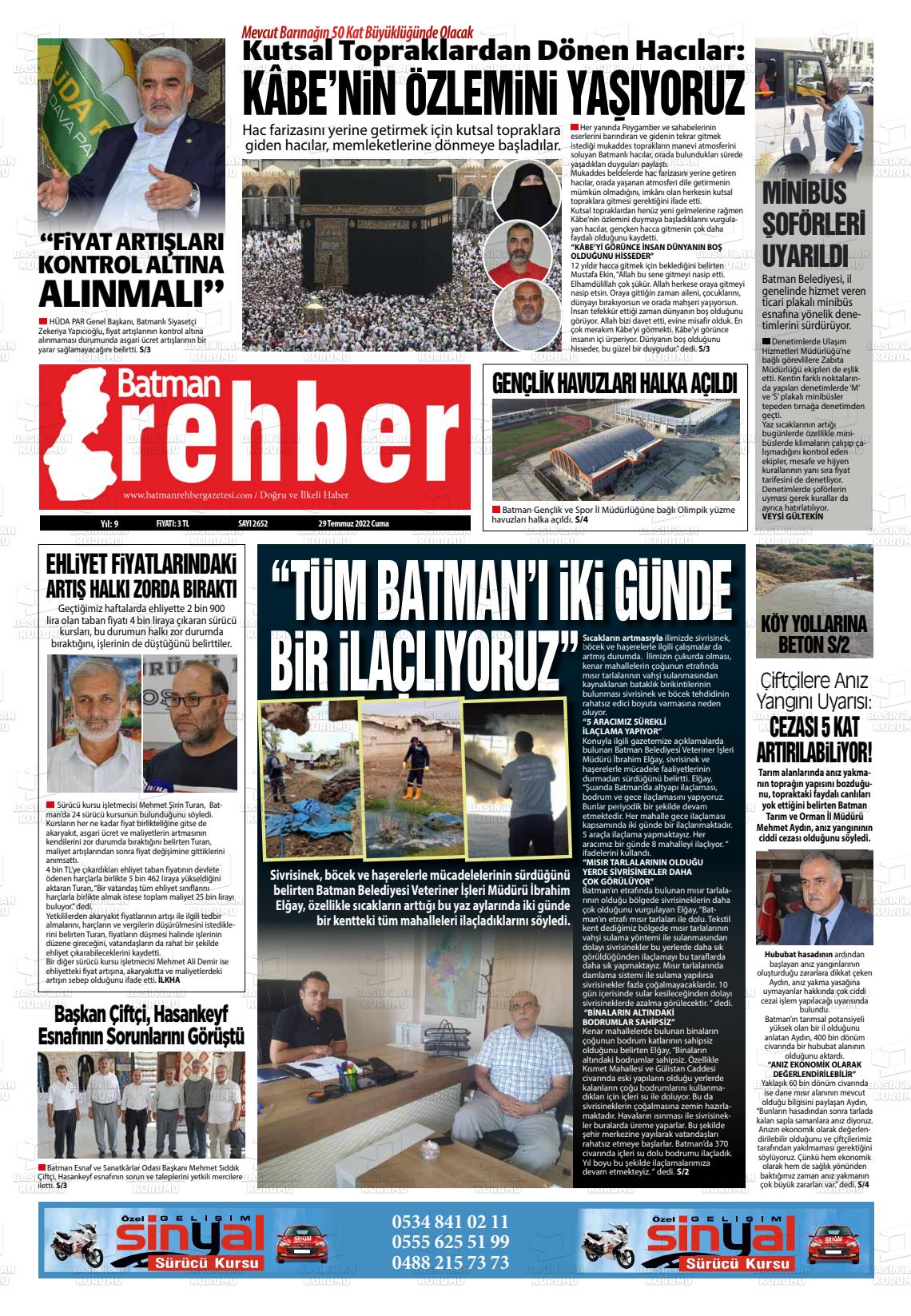 29 Temmuz 2022 Batman Rehber Gazete Manşeti