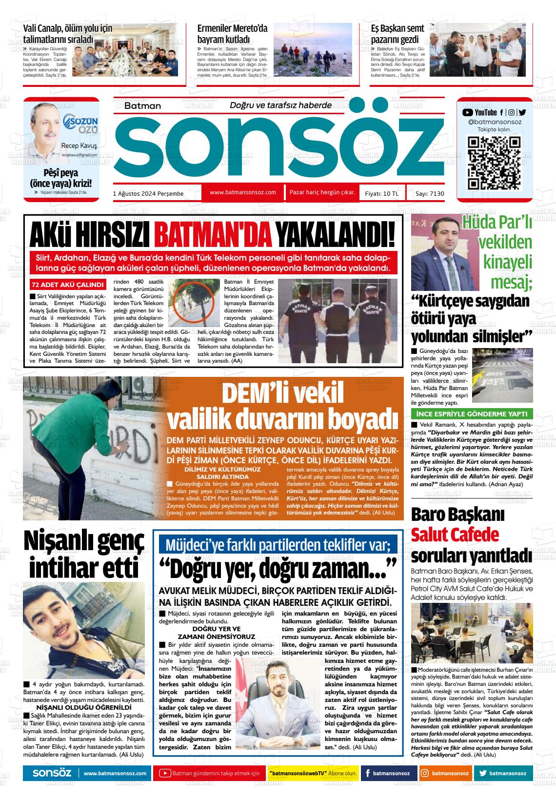 01 Ağustos 2024 Batman Sonsöz Gazete Manşeti