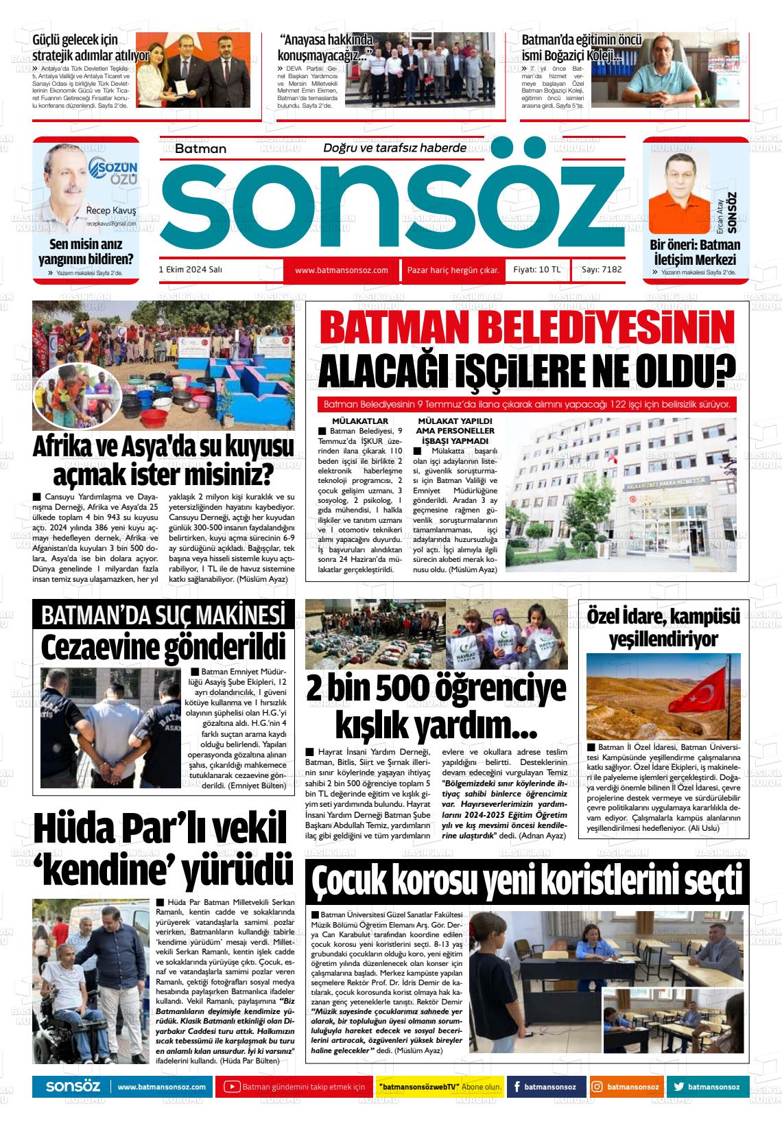 01 Ekim 2024 Batman Sonsöz Gazete Manşeti