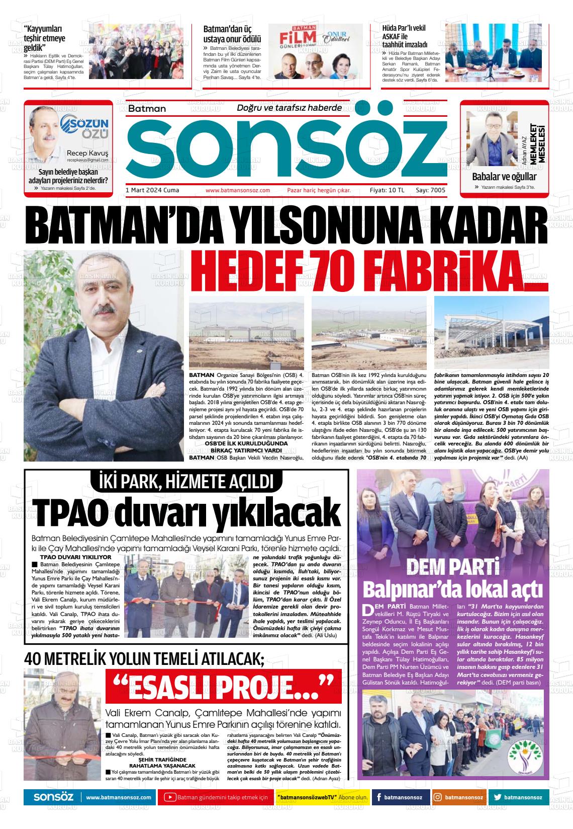 01 Mart 2024 Batman Sonsöz Gazete Manşeti