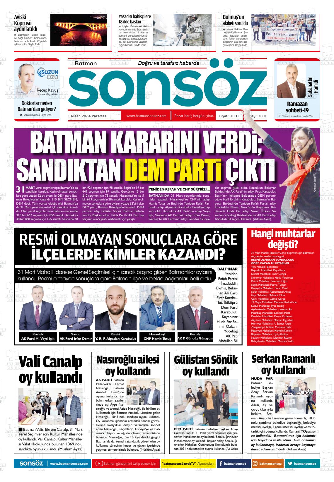 01 Nisan 2024 Batman Sonsöz Gazete Manşeti