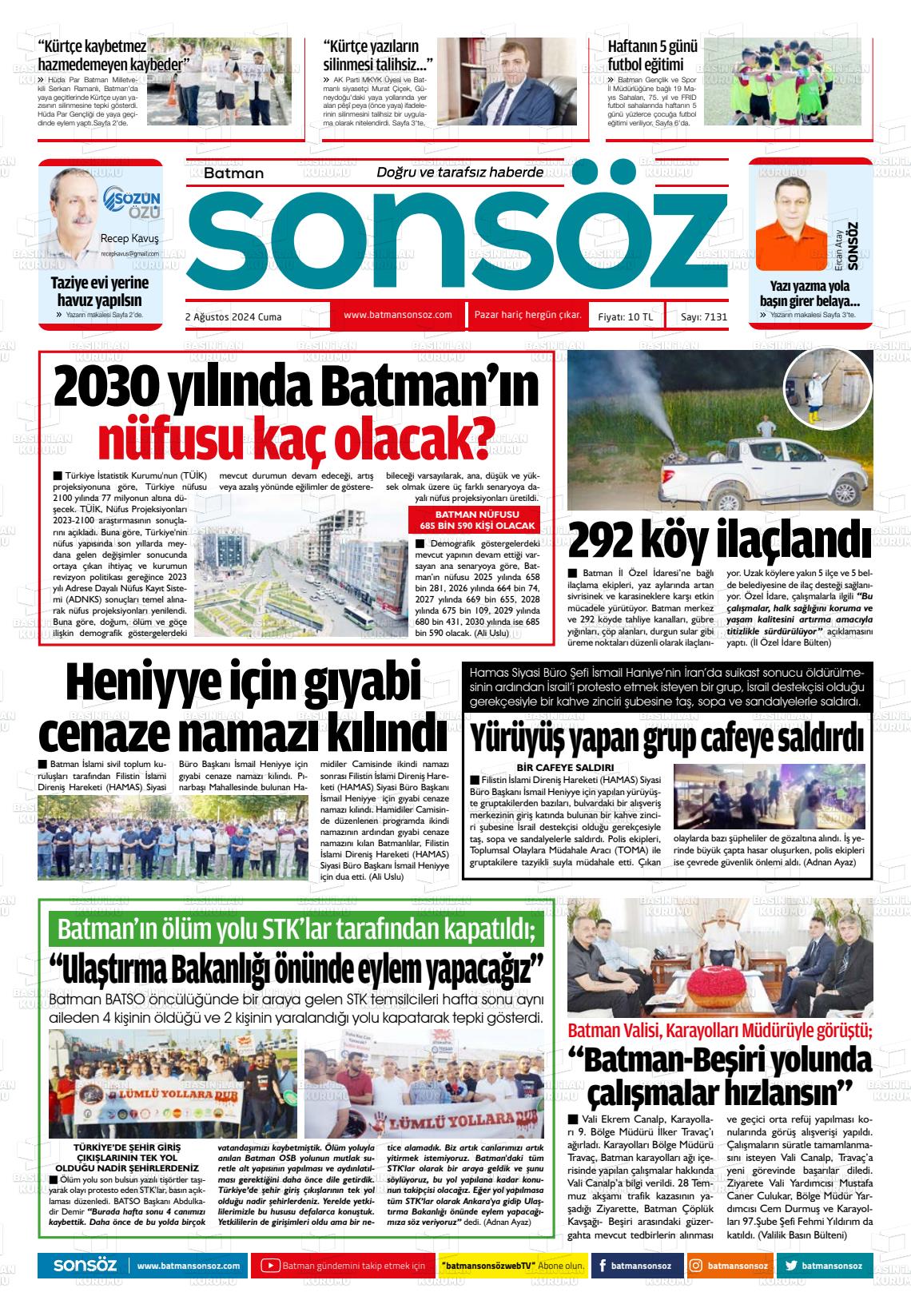 02 Ağustos 2024 Batman Sonsöz Gazete Manşeti