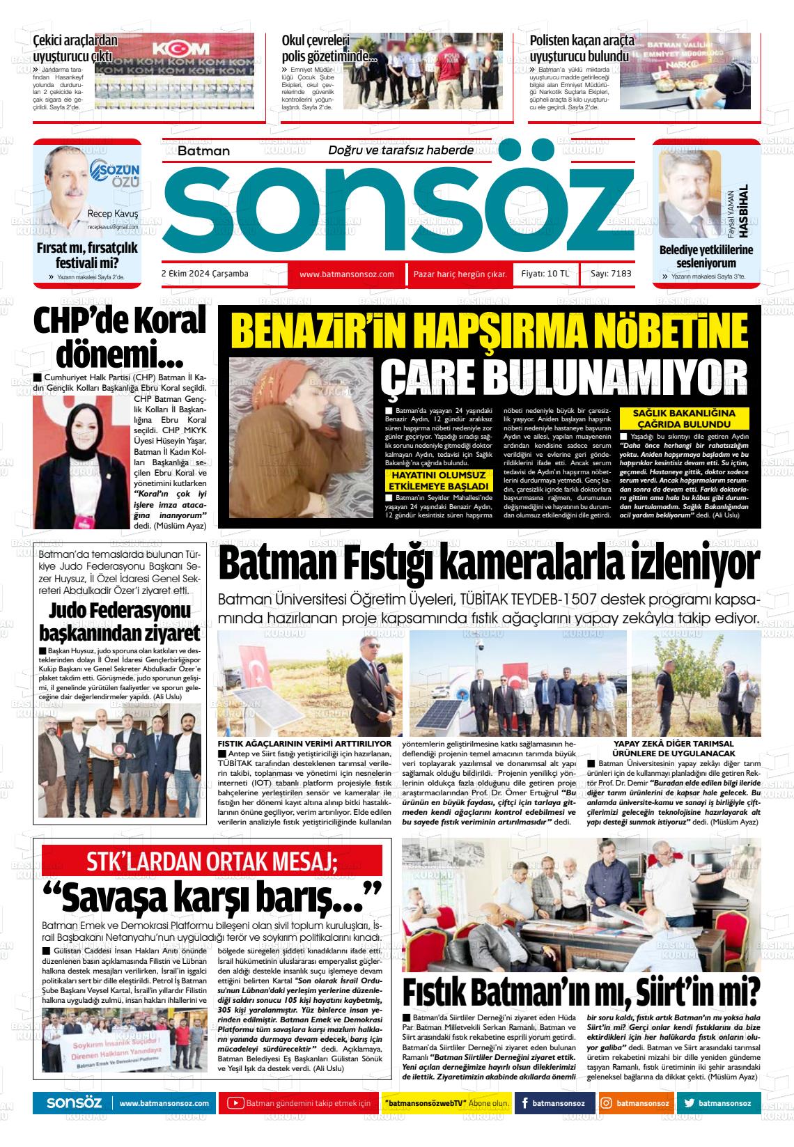 02 Ekim 2024 Batman Sonsöz Gazete Manşeti