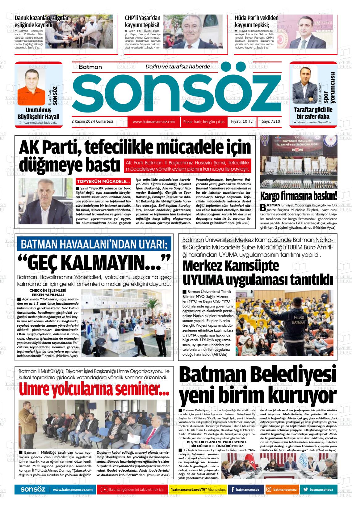 02 Kasım 2024 Batman Sonsöz Gazete Manşeti