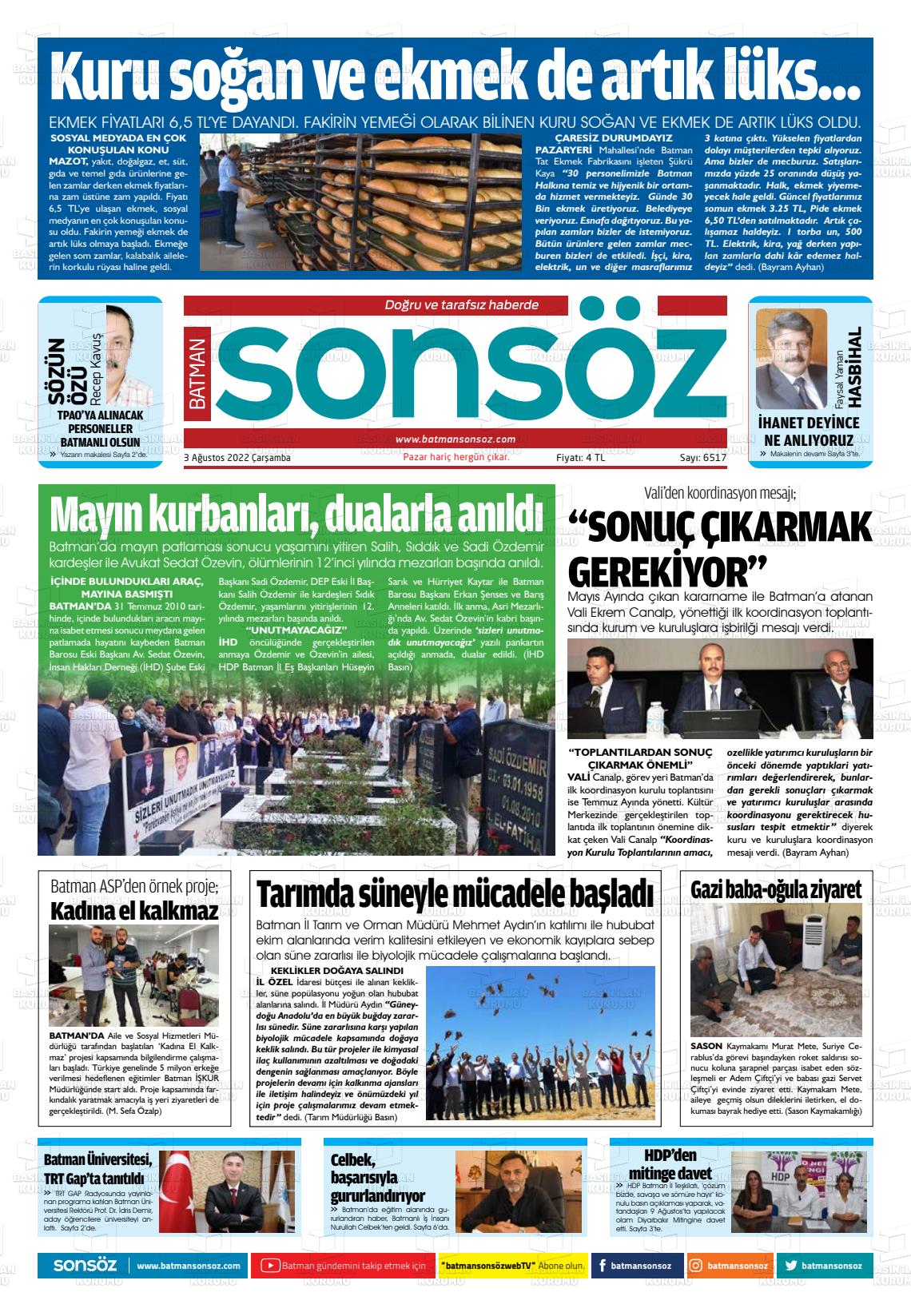 03 Ağustos 2022 Batman Sonsöz Gazete Manşeti