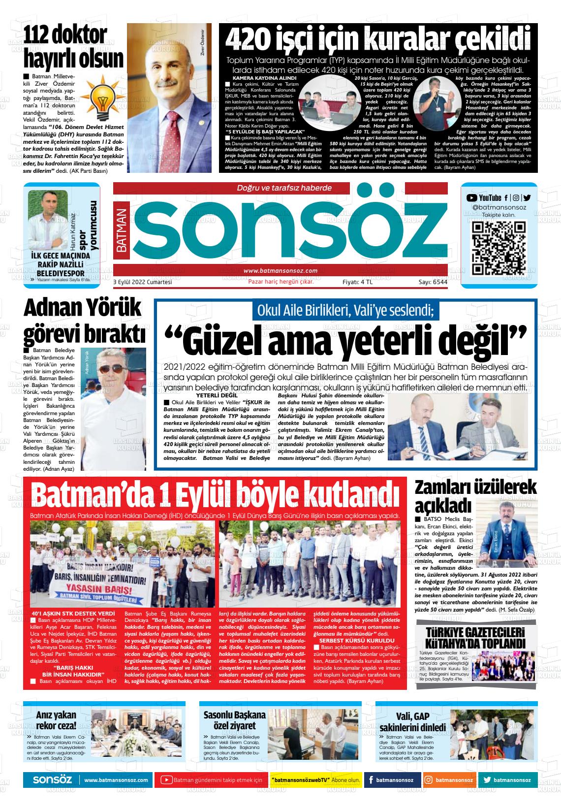 03 Eylül 2022 Batman Sonsöz Gazete Manşeti