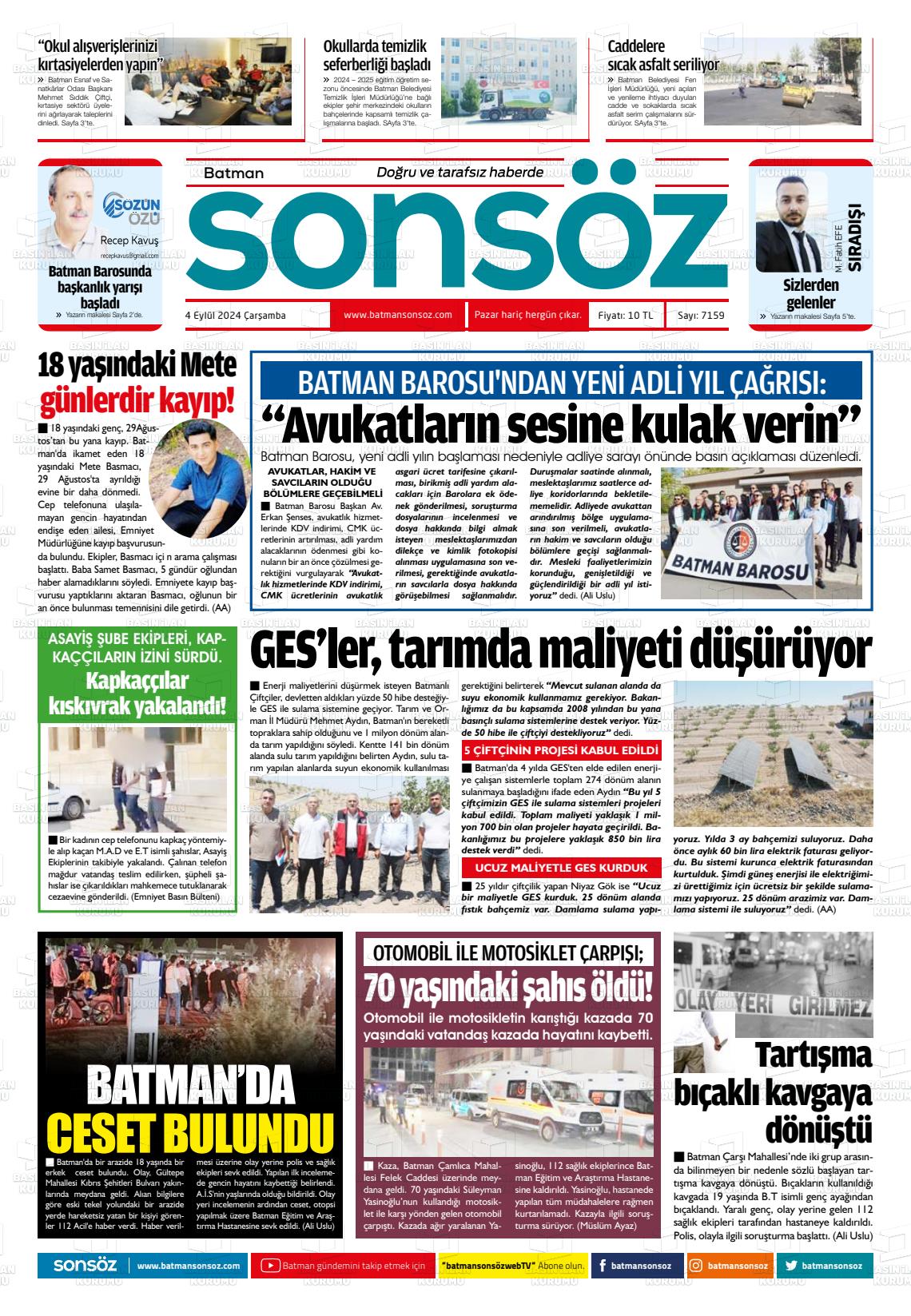 04 Eylül 2024 Batman Sonsöz Gazete Manşeti