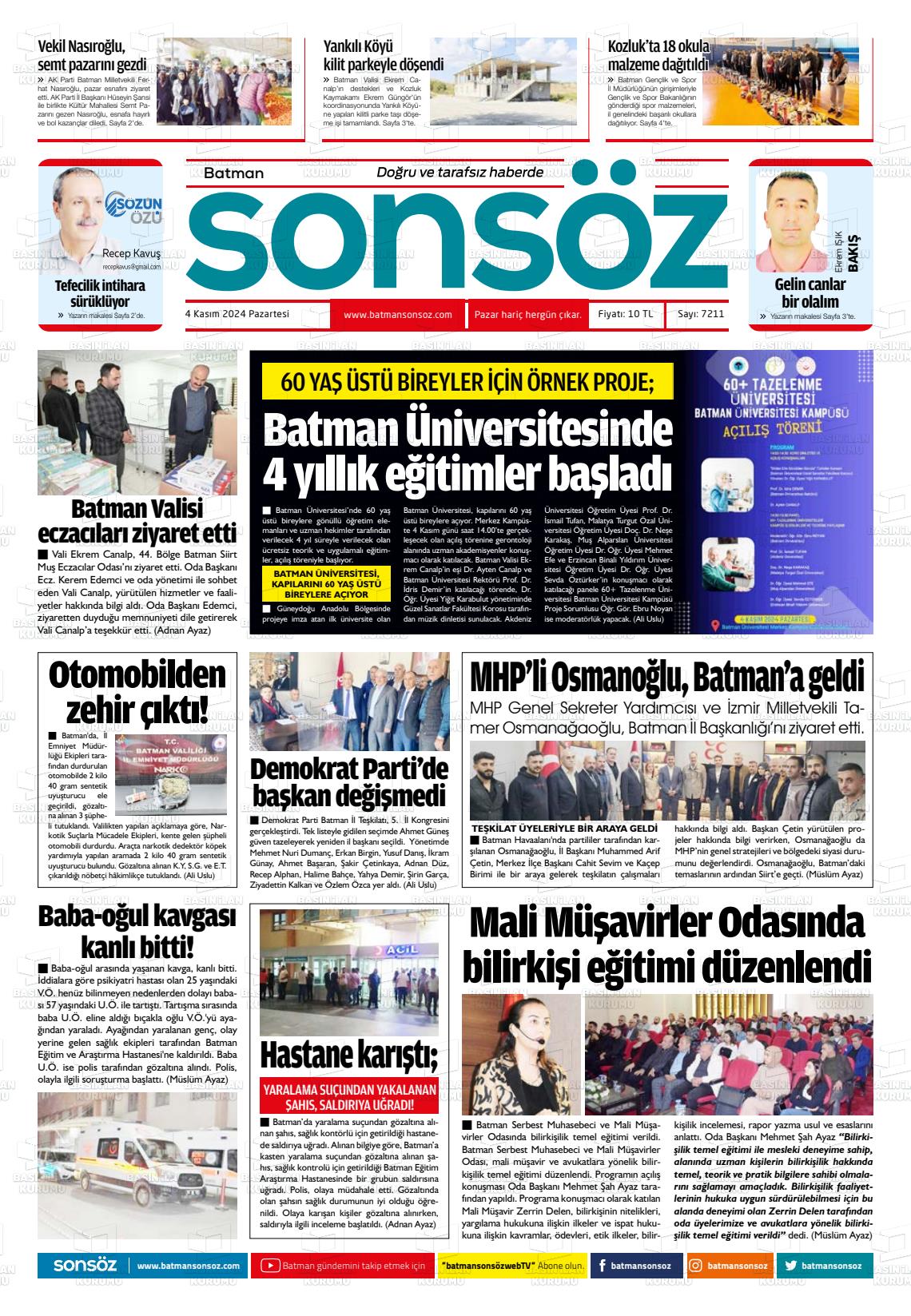 04 Kasım 2024 Batman Sonsöz Gazete Manşeti