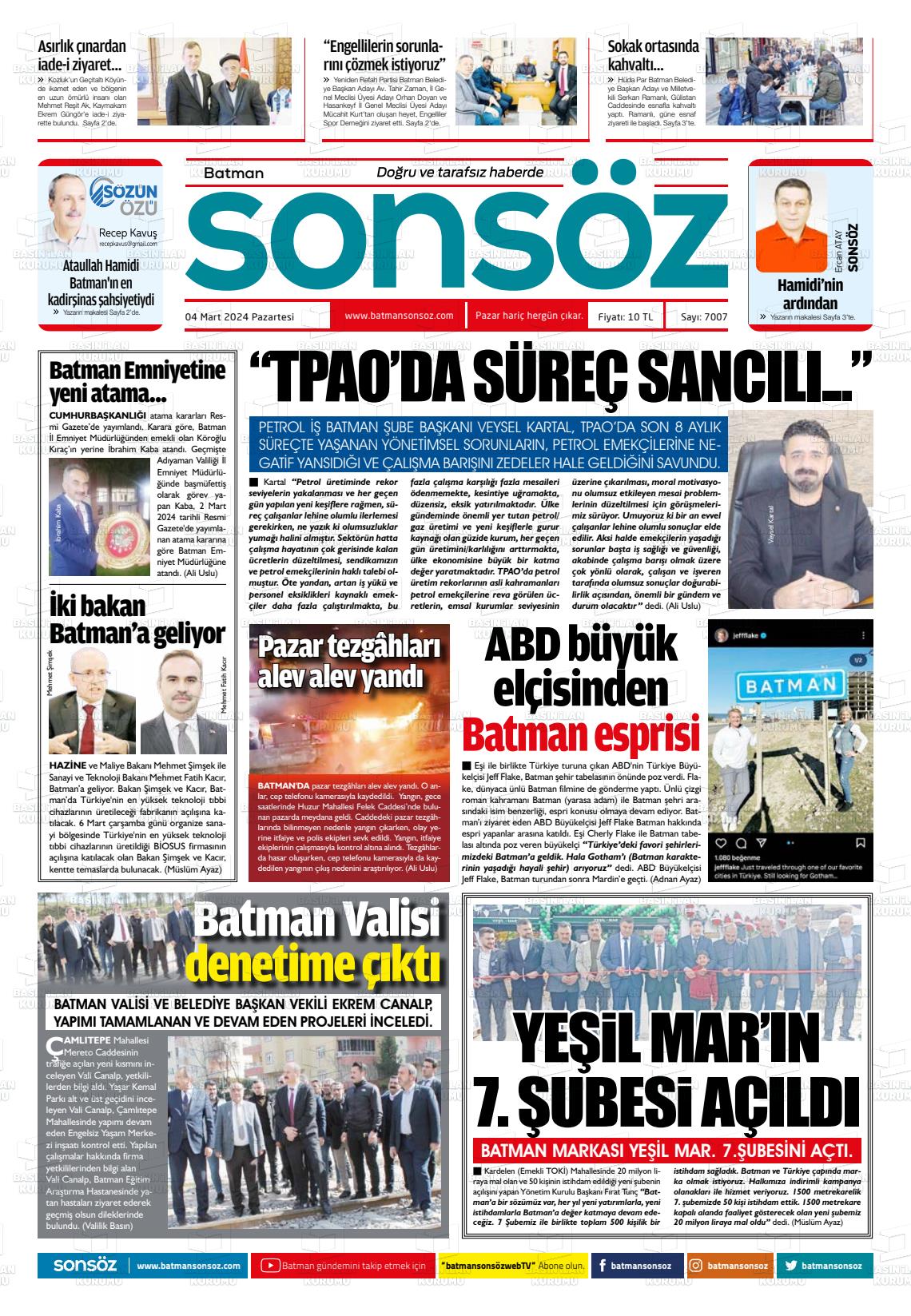 04 Mart 2024 Batman Sonsöz Gazete Manşeti