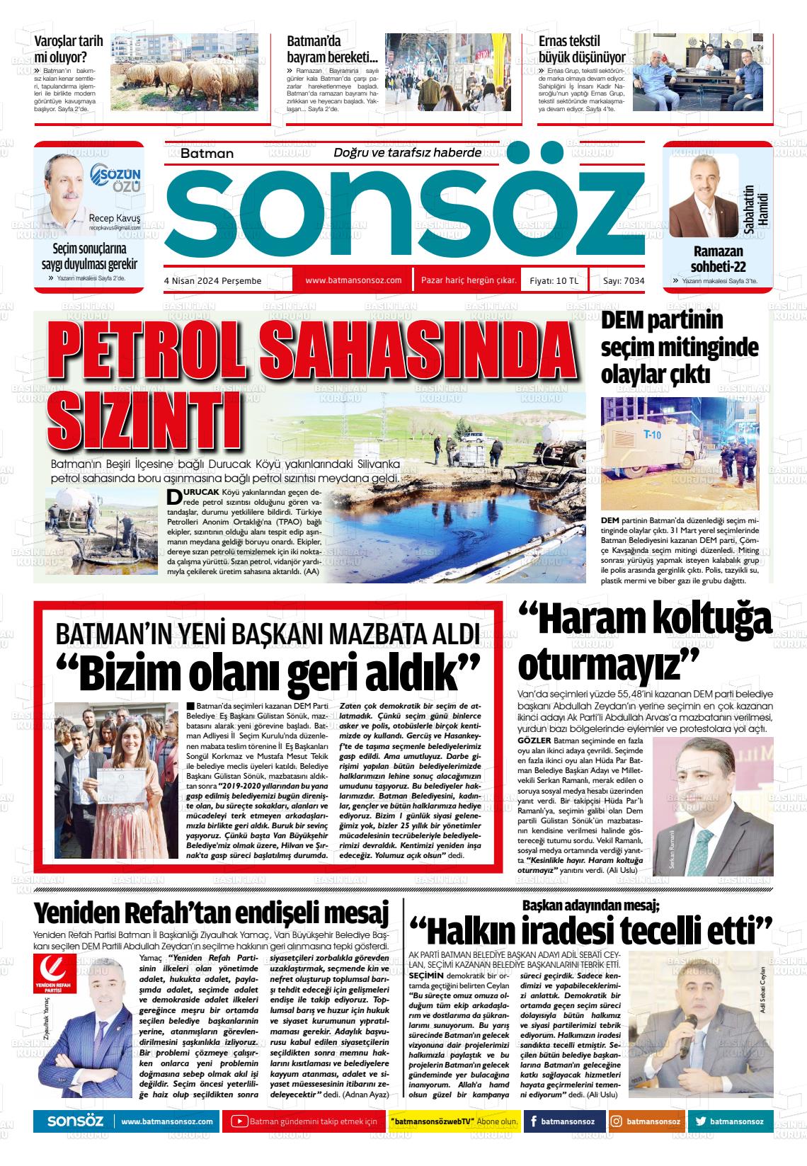 04 Nisan 2024 Batman Sonsöz Gazete Manşeti