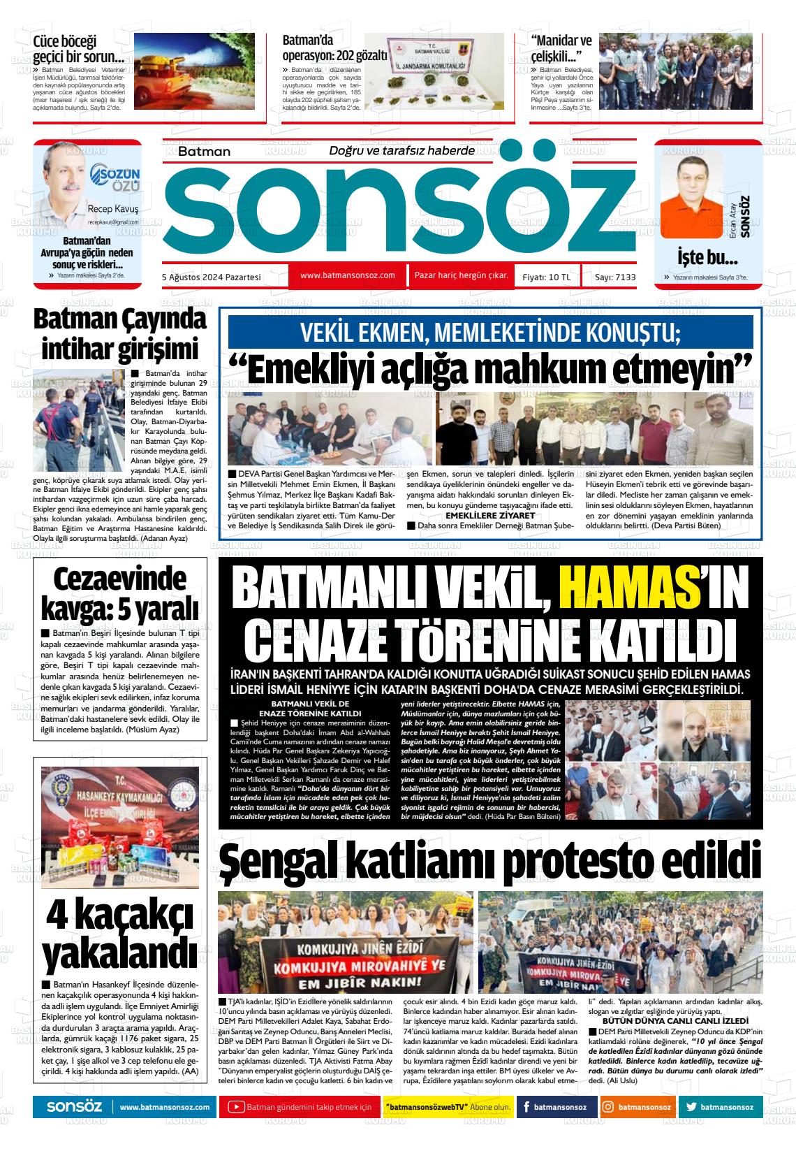 05 Ağustos 2024 Batman Sonsöz Gazete Manşeti