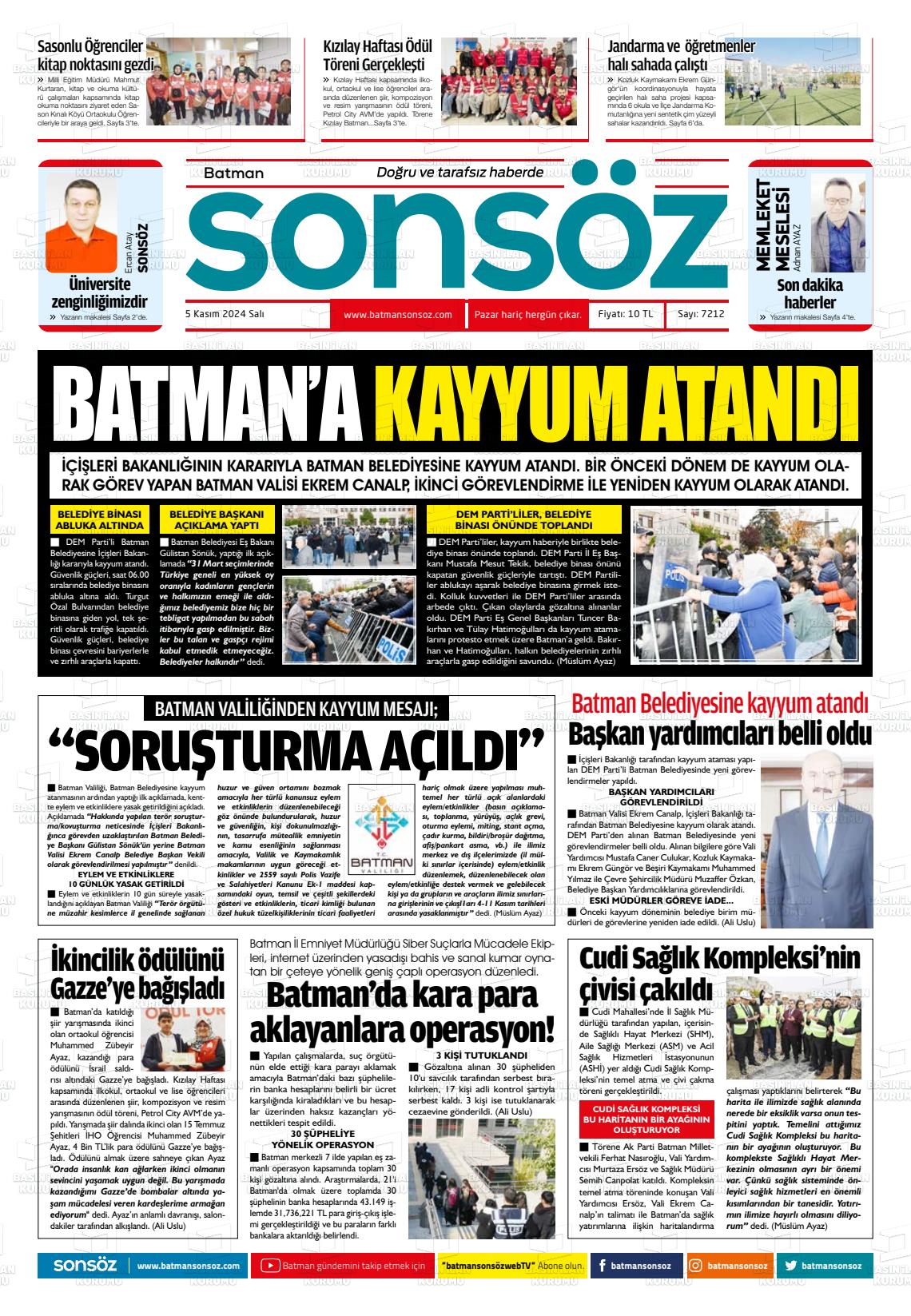 05 Kasım 2024 Batman Sonsöz Gazete Manşeti