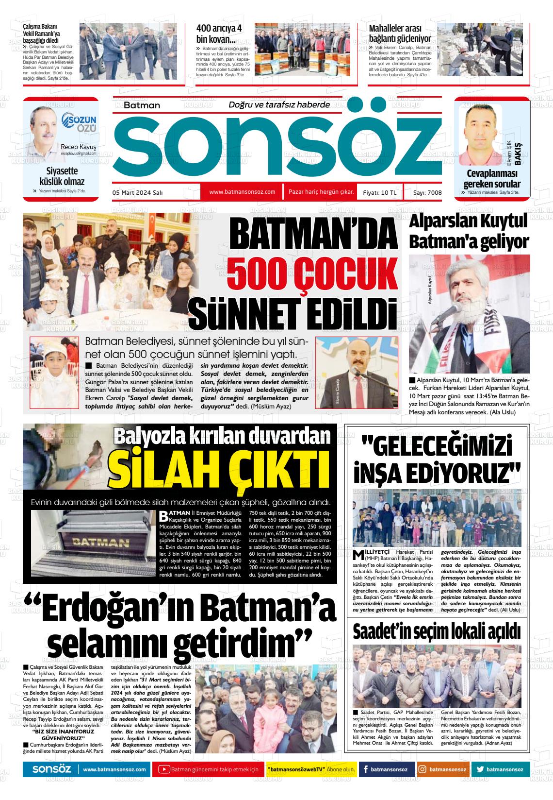 07 Mart 2024 Batman Sonsöz Gazete Manşeti