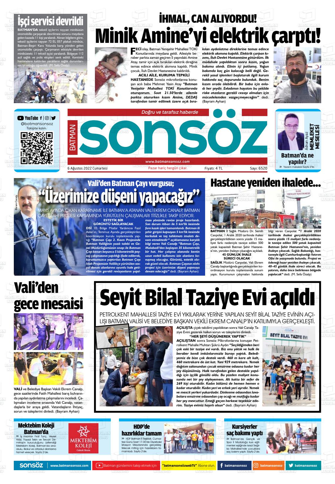 06 Ağustos 2022 Batman Sonsöz Gazete Manşeti