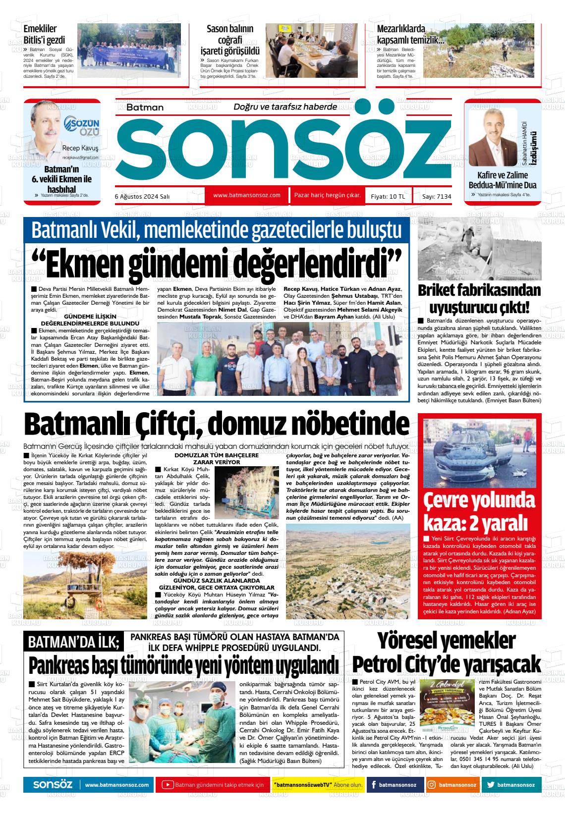 06 Ağustos 2024 Batman Sonsöz Gazete Manşeti