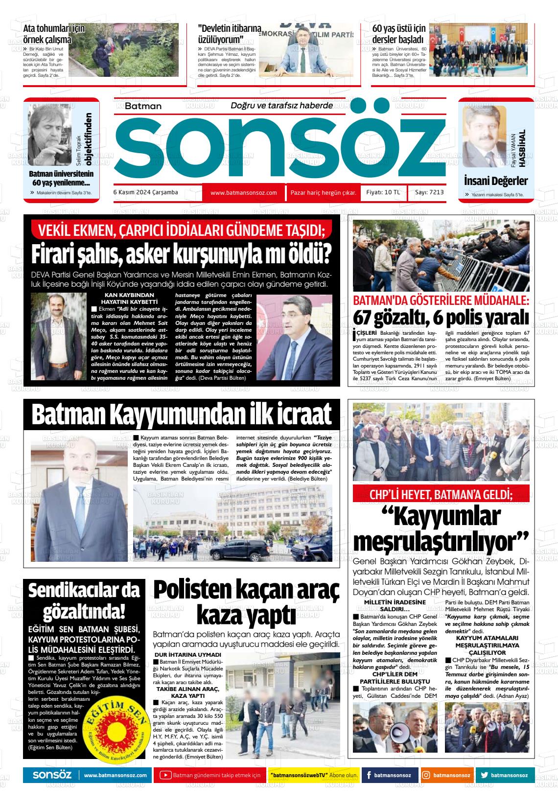 06 Kasım 2024 Batman Sonsöz Gazete Manşeti