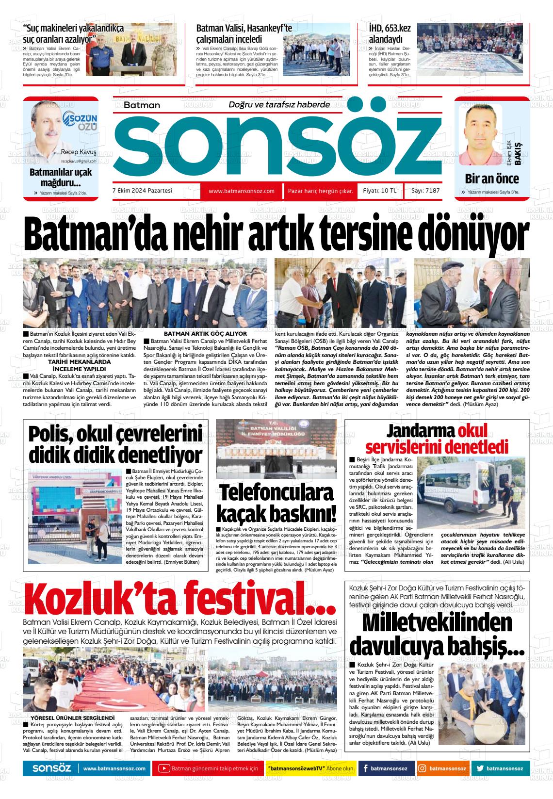 07 Ekim 2024 Batman Sonsöz Gazete Manşeti