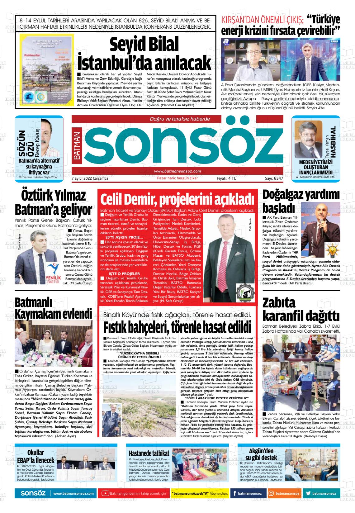 07 Eylül 2022 Batman Sonsöz Gazete Manşeti