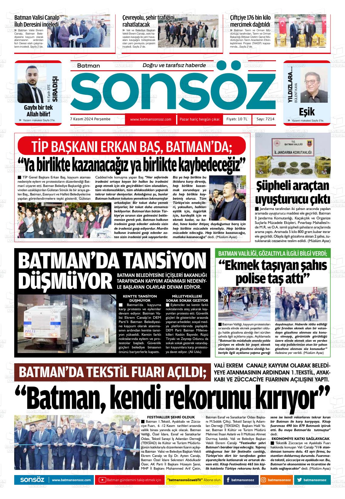 07 Kasım 2024 Batman Sonsöz Gazete Manşeti