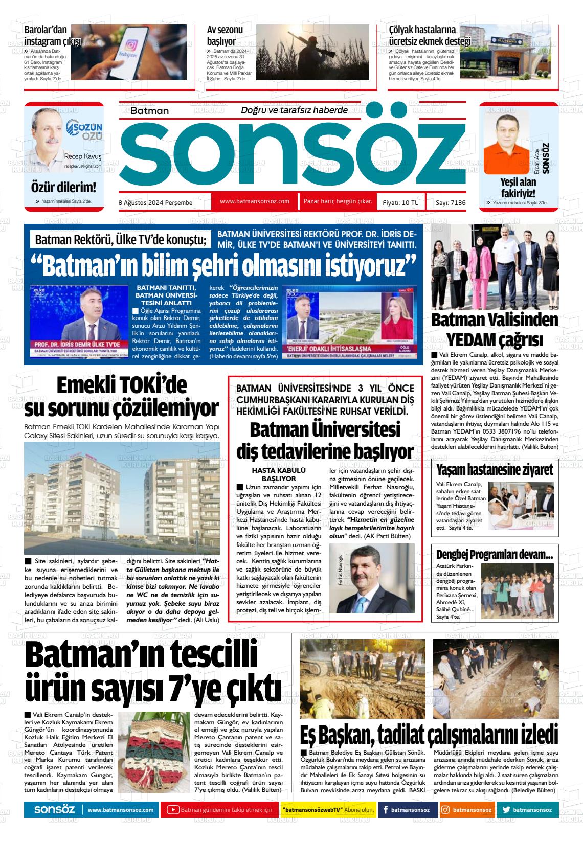 08 Ağustos 2024 Batman Sonsöz Gazete Manşeti