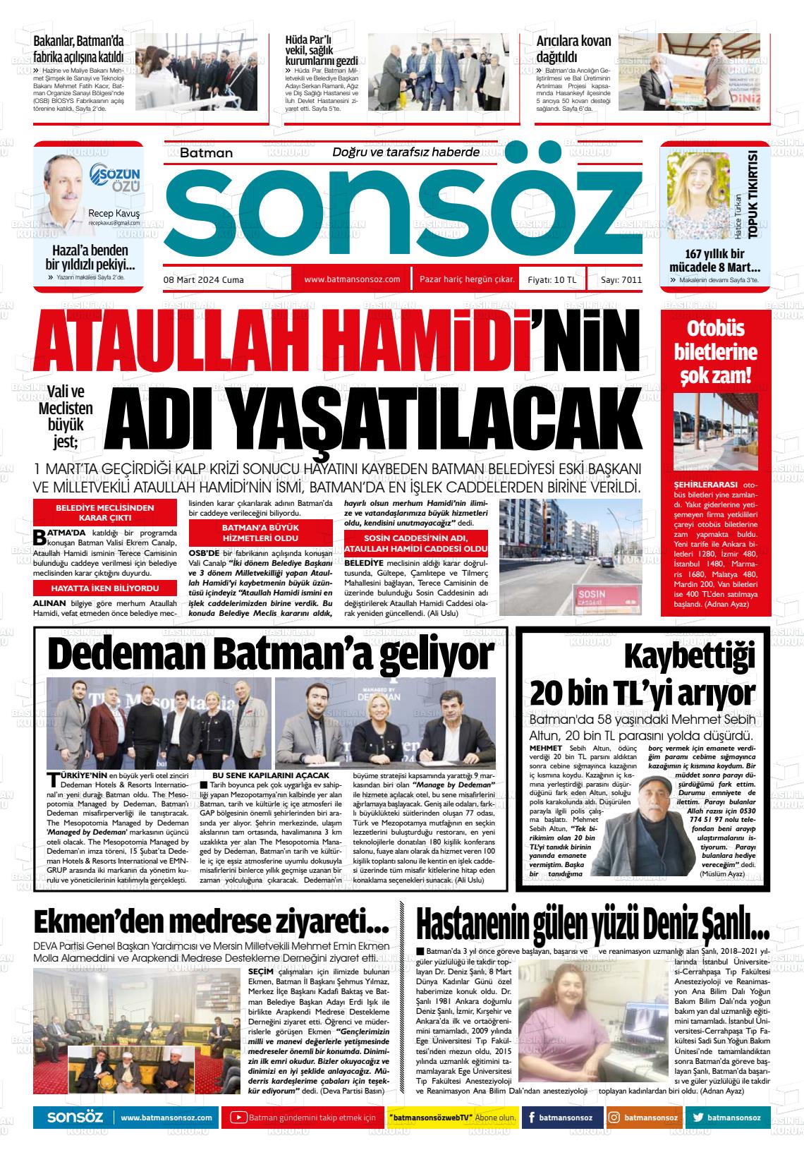 08 Mart 2024 Batman Sonsöz Gazete Manşeti