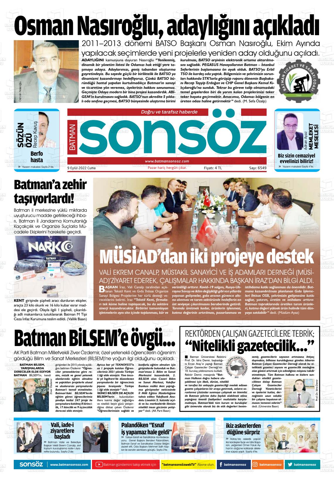 09 Eylül 2022 Batman Sonsöz Gazete Manşeti