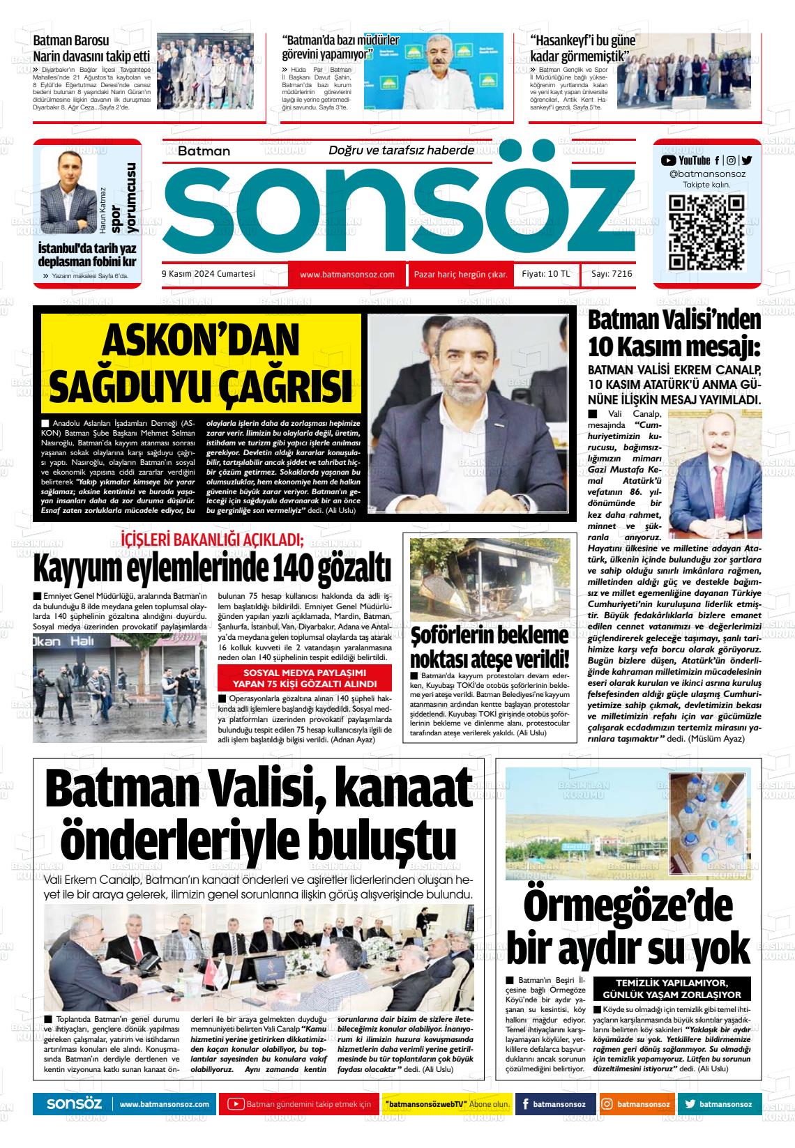 09 Kasım 2024 Batman Sonsöz Gazete Manşeti