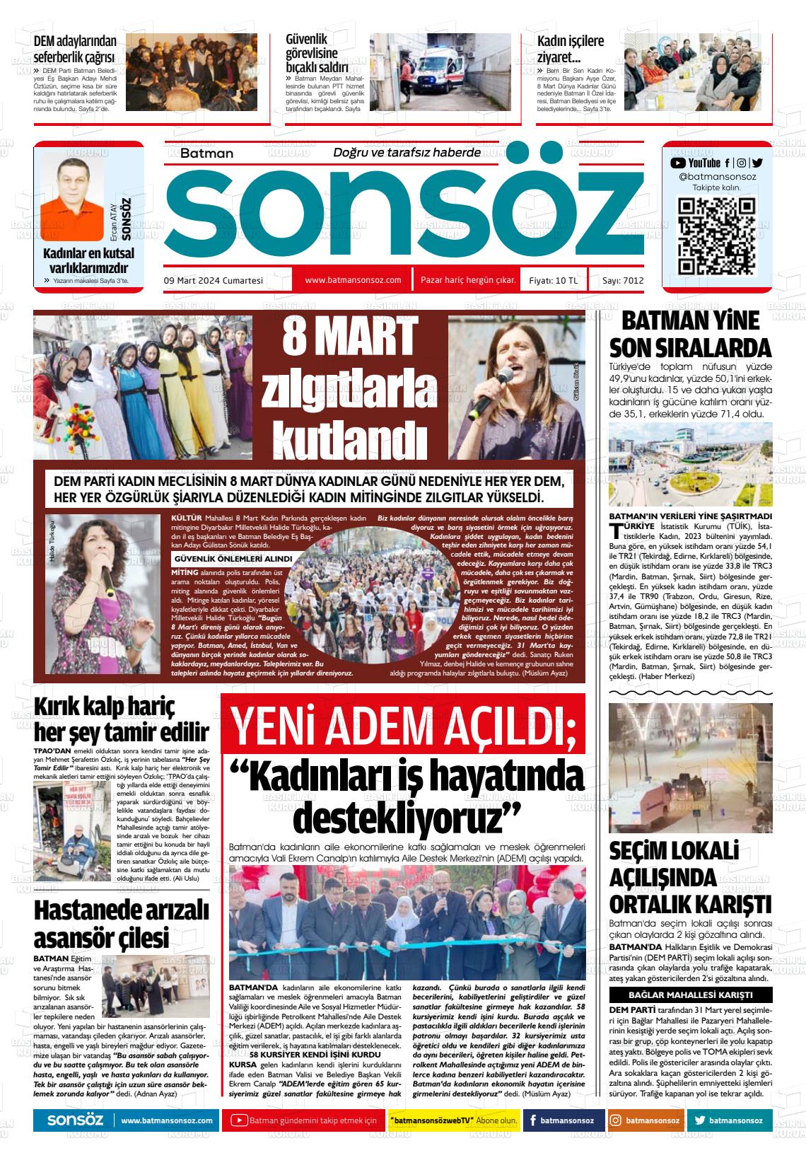 09 Mart 2024 Batman Sonsöz Gazete Manşeti