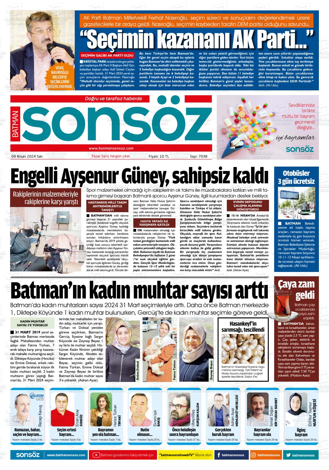 09 Nisan 2024 Batman Sonsöz Gazete Manşeti