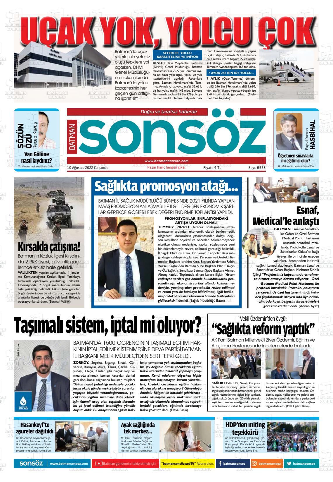 10 Ağustos 2022 Batman Sonsöz Gazete Manşeti