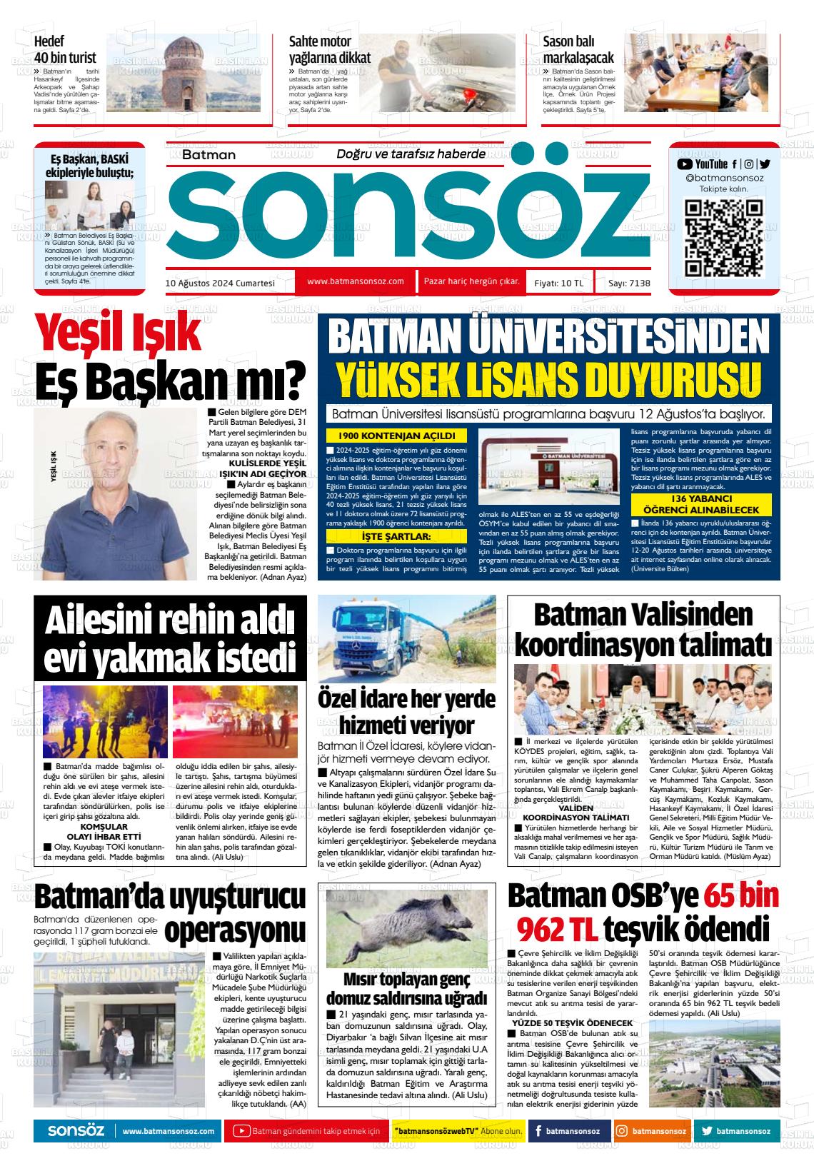 10 Ağustos 2024 Batman Sonsöz Gazete Manşeti