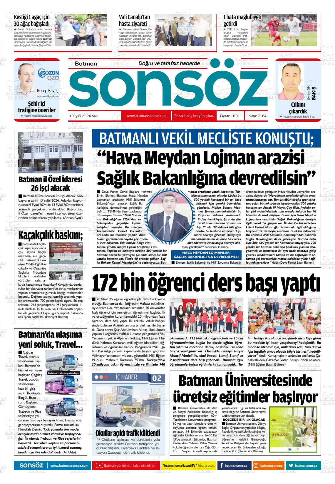 10 Eylül 2024 Batman Sonsöz Gazete Manşeti