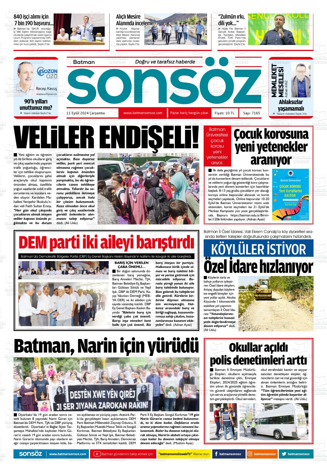 11 Eylül 2024 Batman Sonsöz Gazete Manşeti